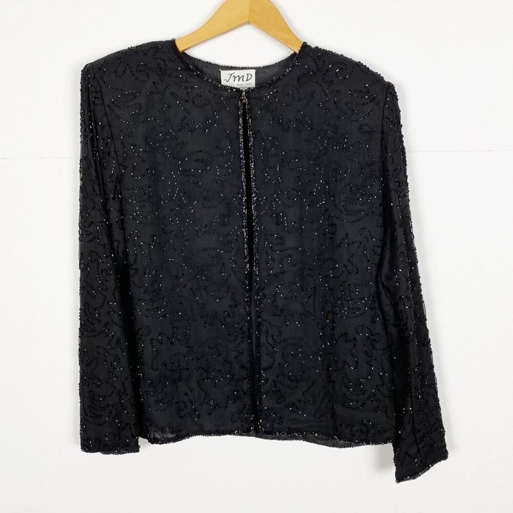 JMD NY Vintage Silk Black Beaded Blazer Jacket Size Medium